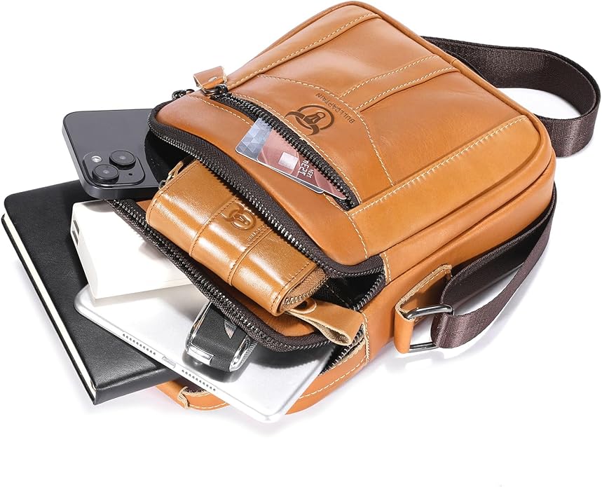 Leather Crossbody Bags for Men Casual Shoulder Bag Travel Messenger Bag Vintage Handbag Multi Pocket Satchel
