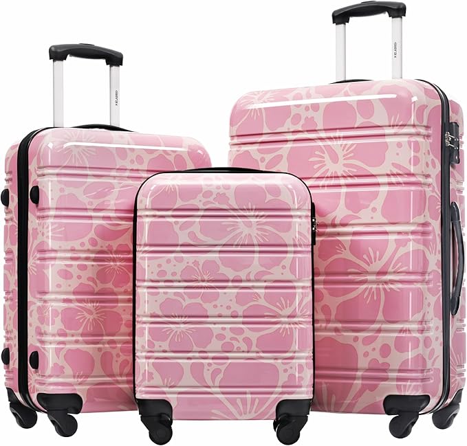 Merax Luggage Sets 3 Piece, Hardside Suitcase Set with Spinner Wheels, Lightweight Printing Luggage Carry on,20+24+28 IN,Pink