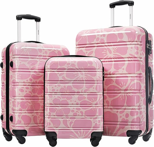 Merax Luggage Sets 3 Piece, Hardside Suitcase Set with Spinner Wheels, Lightweight Printing Luggage Carry on,20+24+28 IN,Pink