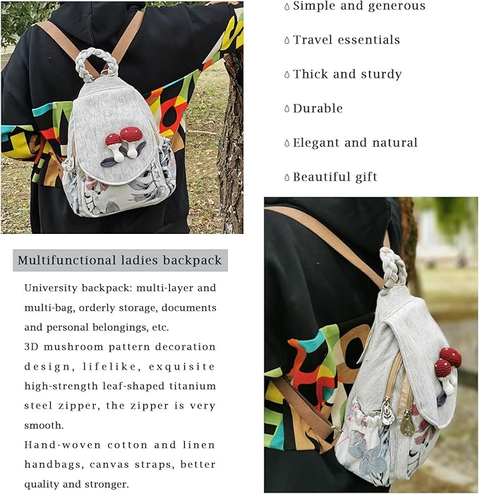 HUANGGUOSHU Women Cotton Woven Bohemian Hemp Boho Canvas Embroidery Multi Pocket Retro Cute Backpack Wallet Backpack（Mushroom）