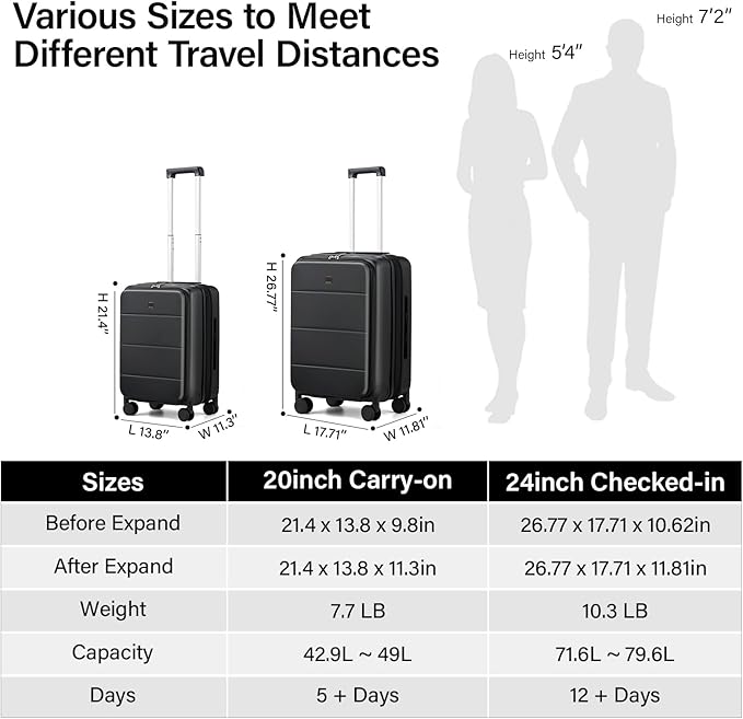 MILADA Expandable Checked Luggage 24 Inch Top Opening Travel Luggage Hard Shell Suitcases with Wheels TSA Approved Luggage Trunk Rolling Medium Checked Suitcase, Black