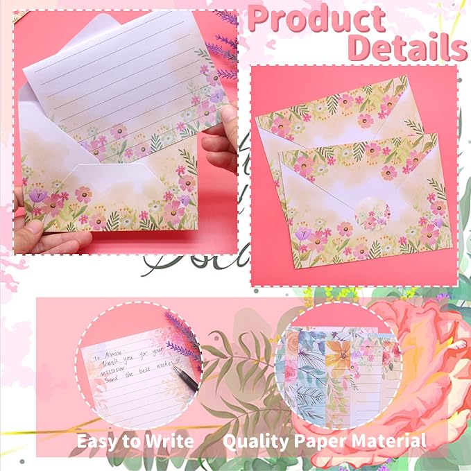 160 Pcs Stationery Paper Set Including 50 Matching Envelopes 50 One Sided Stationery Writing Papers 60 Round Dot Sticker for School Office Supplies,10 Design, 5.5 x 8.25 Inch(Flower)
