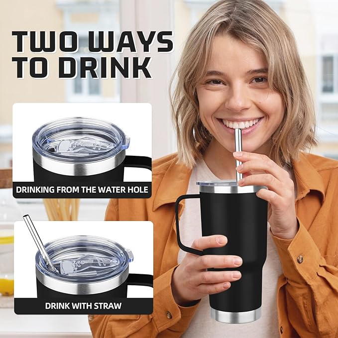 20 oz Tumbler with Handle Stainless Steel Insulated Coffee Tumbler with Lid and Straw Double Wall Vacuum Insulated Coffee Mug Leak Proof Travel Mug Tumbler for Hot and Cold Drink (Black,4pack)