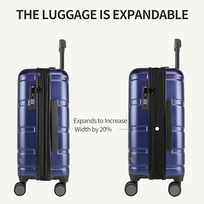 VANKEAN Carry On Luggage with Spinner Wheels & TSA Lock, Expandable Fashionable Hard Shell Suitcase airline approved，20 Inch Carry-On，Navy