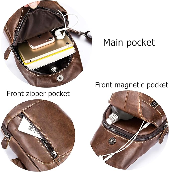 BULLCAPTAIN Genuine Leather Men Sling Crossbody Bag Multi-pocket Chest Bag Casual Travel Hiking Sling Backpack with Earphone Hole (Brown)