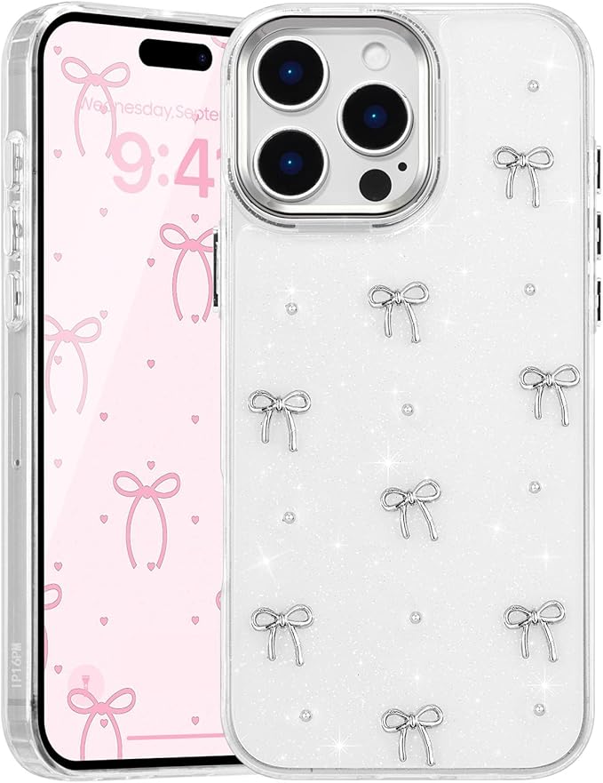 EYZUTAK Case for iPhone 16 Pro Max, Bling Glitter 3D Bowknot Phone Case Cute Sparkly Crystal Clear Bow Aesthetic Design Case Slim Soft Durable TPU Transparent Protective Cover for Women Girls - Bow