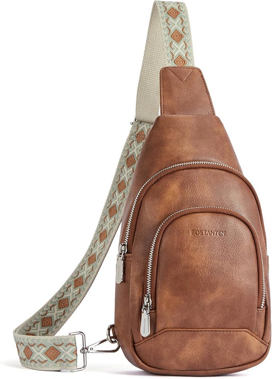 BOSTANTEN Sling Bag for Women Leather Crossbody Bag Vintage Cross Body Purse for Travel with Guitar Strap, Bohemian Style