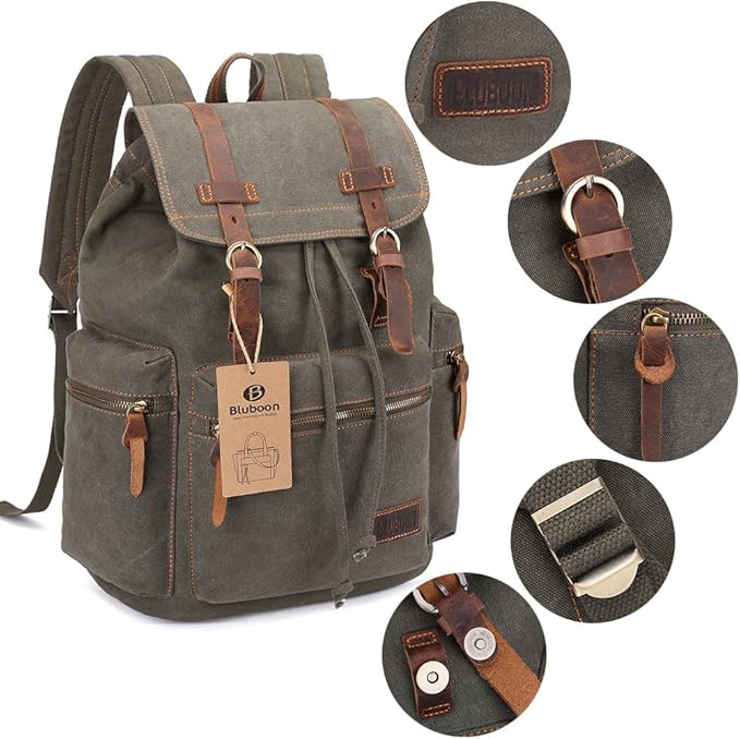Bluboon Vintage Backpack Leather Trim Casual Bookbag Men Women Laptop Travel Rucksack