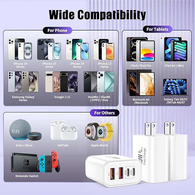 USB C Charger Block, 40W 3Pack 4-Port Type C Fast Charging Wall Cube, Dual PD&QC Power Adapter Multiport Charger Wall Plug Type C Brick for iPhone 16/15/14/13/12/11 Pro Max XR XS, iPad Pro/Air/Mini