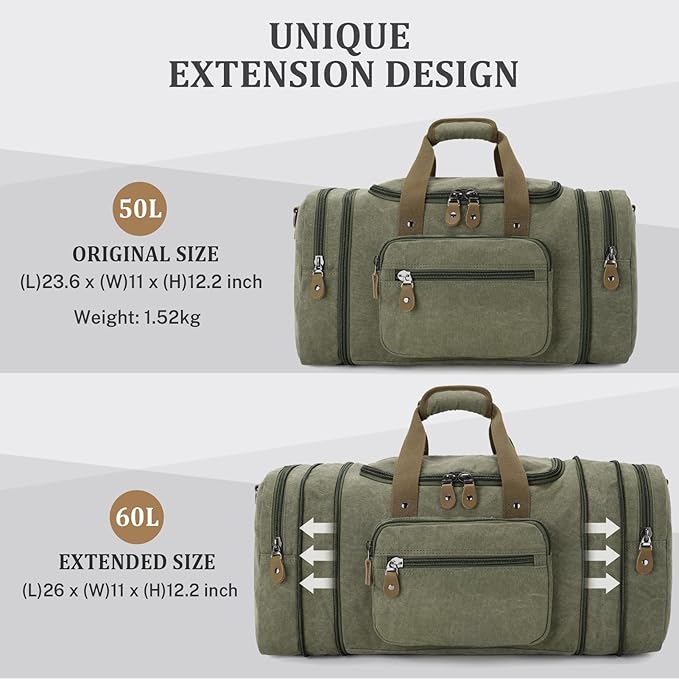 Gonex Canvas Duffle Bag for Travel 60L Duffel Overnight Weekender Bag (Army Green)