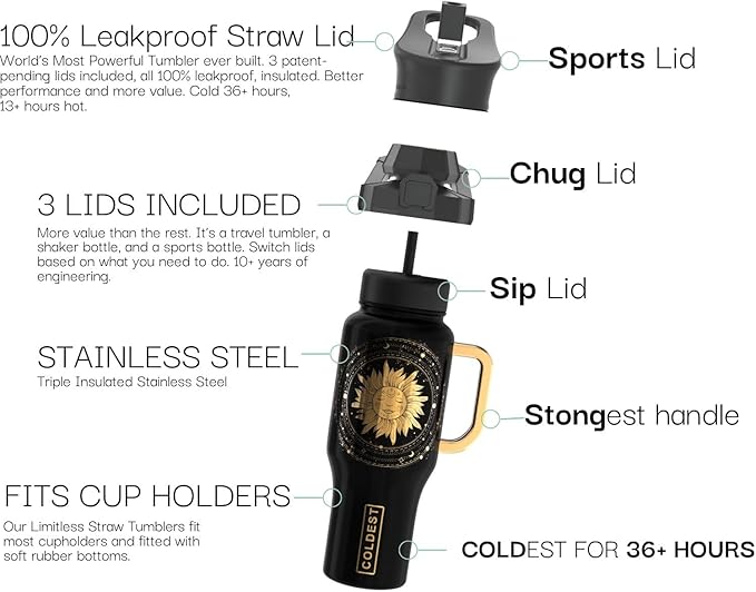 Coldest Tumbler with Handle and Straw - 100% Leak Proof Insulated Tumbler with Lid and Straw (3 Lids) - Stainless Steel Tumblers for Women & Men - Cup Holder Friendly Base, 36 oz (Zen)