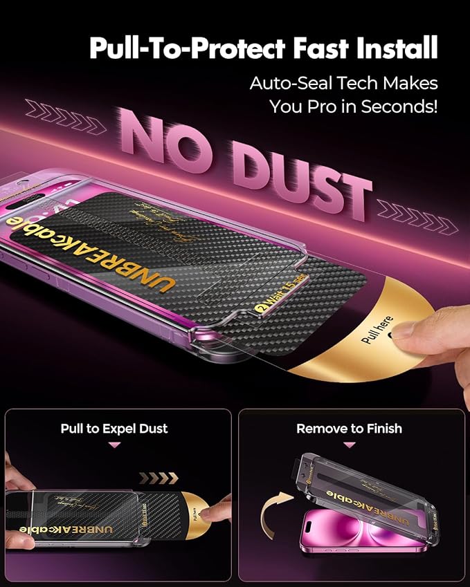 UNBREAKcable 3-Pack Screen Protector for iPhone 16 Plus Tempered Glass - [One-Pull Perfection] [Auto Dust-Elimination] [9H+ Hardness] [99.99% HD Clear] Full Coverage for iPhone 6.7 inch