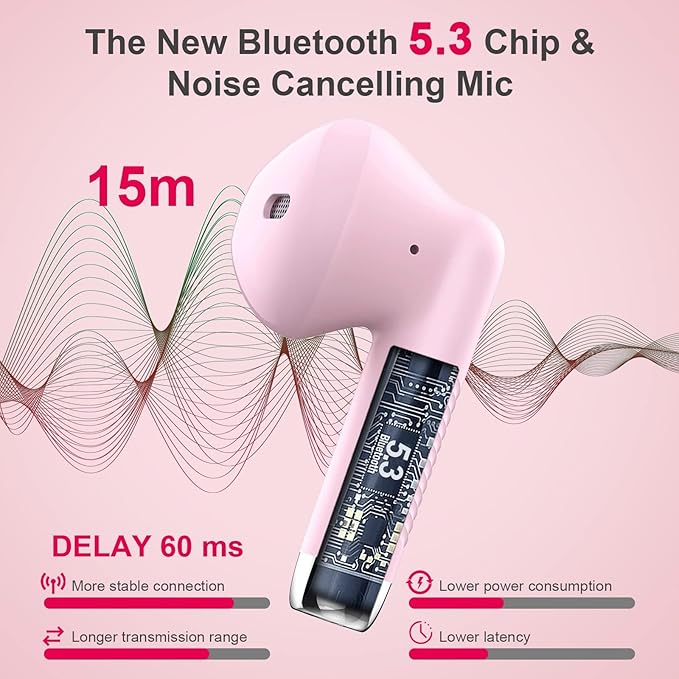 Wireless Earbuds, Bluetooth 5.4 Earbuds Stereo Bass, Bluetooth Headphones in Ear Noise Cancelling Mic, Earphones IP7 Waterproof Sports, 32H Playtime USB C Charging Case Pink Ear Buds for Android iOS