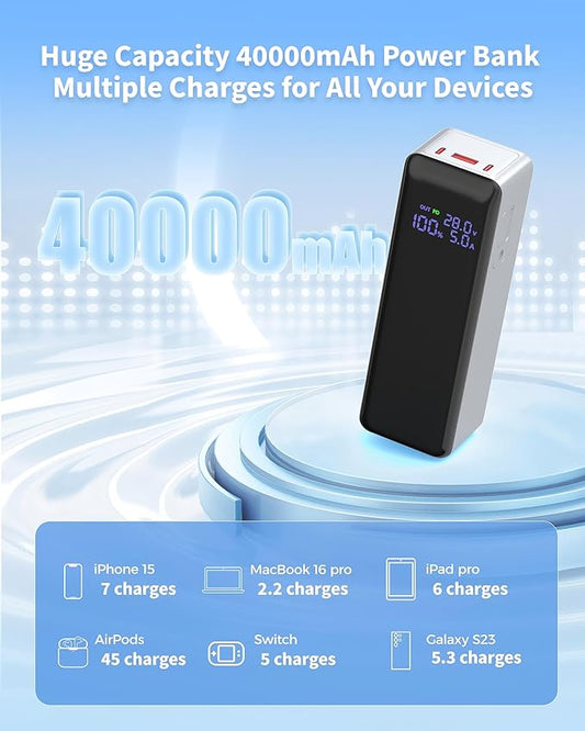 140W Power Bank,40,000mAh 3 USB-C-Port Laptop Portable Charger(148Wh), Digital Display,PD3.1 Fast Charging External Battery Pack Compatible with PC/iPhone 16/15/14/13 Series and More