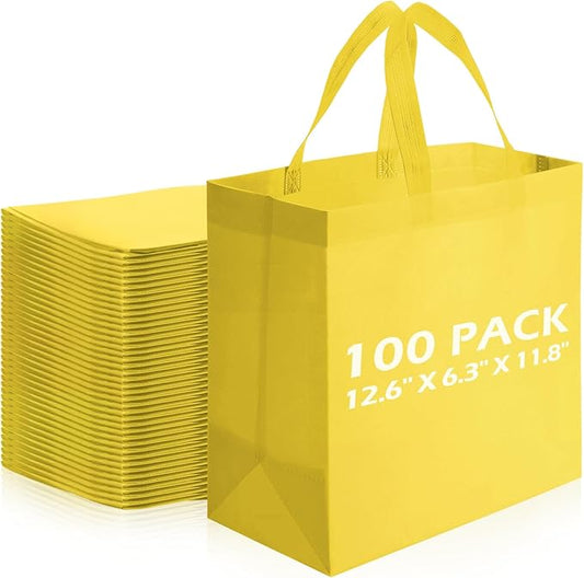 Reginary Reusable Totes Bags - 100 Pcs Non Woven Grocery Handle Bags for Shop Events & Retail Store(Yellow)
