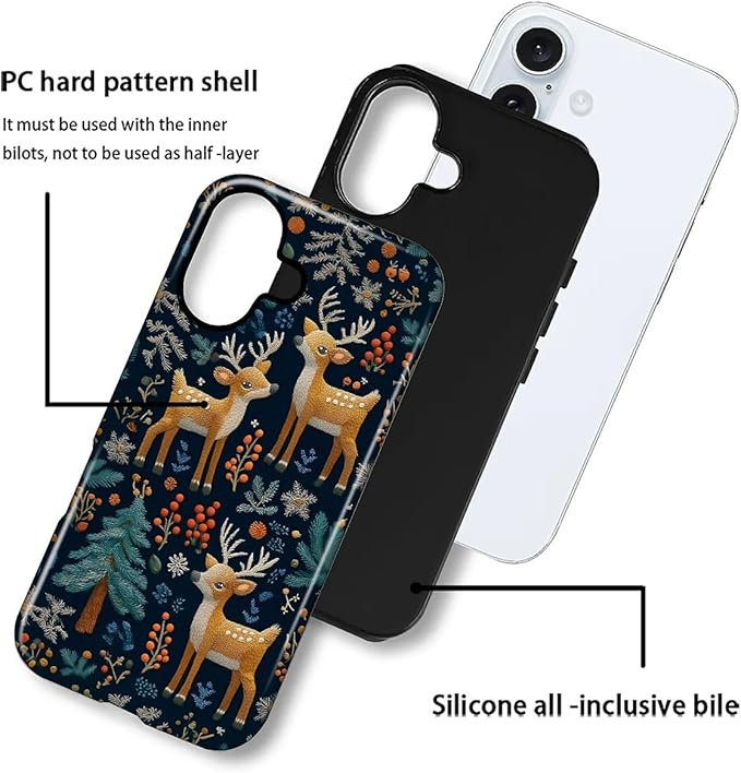 Case for iPhone 16 Case,Cute Christmas Reindeer Design - Hybrid Dual Protection Silicone + Hard PC Shockproof Full Body Cover Slim Anti-Scratch Protective Case for Men Women