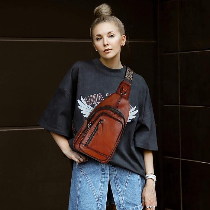 HESHE Leather Sling Bag for Women Crossbody Bags with Multi-Pocket Stylish Fanny Packs for Travel Chest Bag