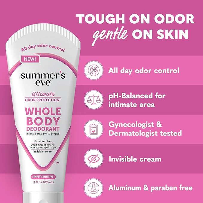 Summer's Eve Simply Sensitive Whole Body Deodorant for Women, Aluminum-Free Ultimate Odor Control Cream, 3 Oz
