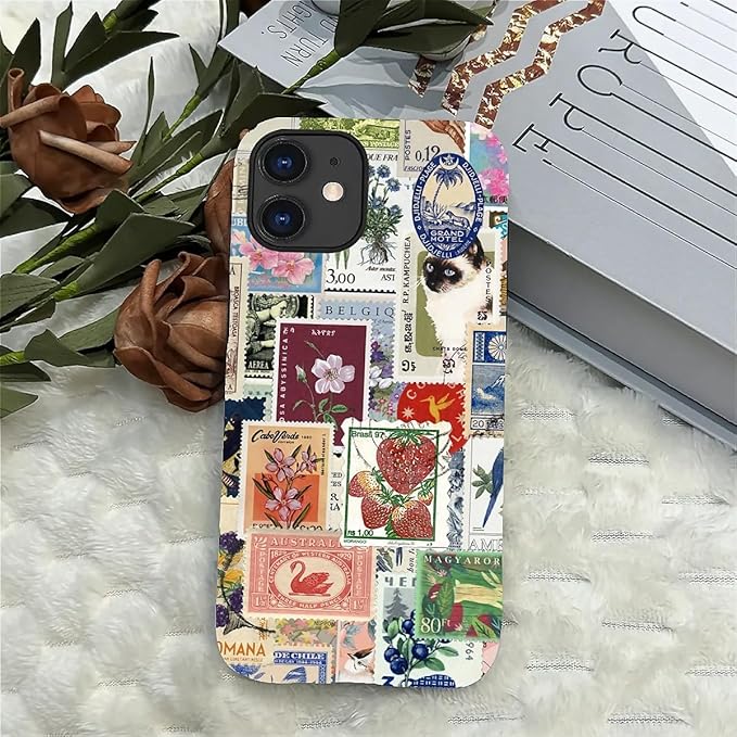 Case for iPhone 11,Vintage Stamp Collage for Woman Men Full Body Protective Cover Shockproof 2 in 1 Silicone + Hard PC Case for iPhone 11