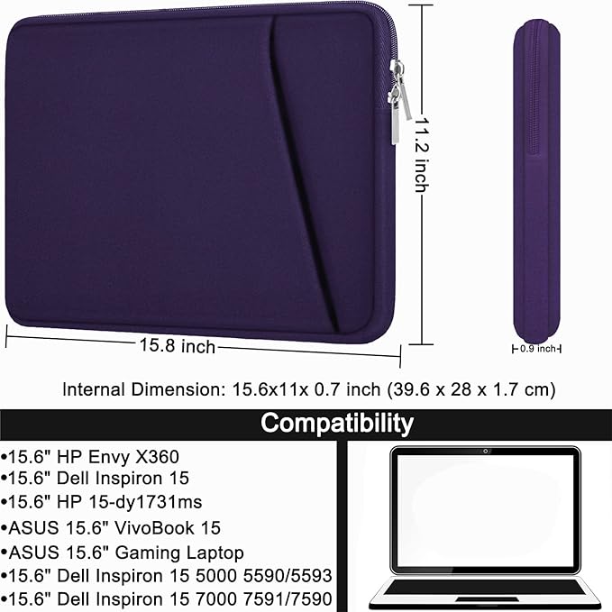 Laptop Sleeve Case 15.6 inch, Shockproof Protective Cover, Handbags Portable Laptop Bag for 15.6 inch HP Dell Asus Lenovo Notebook Computer Case with Front Pocket, Purple