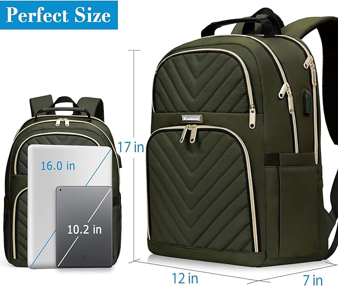 Travel Laptop Backpack, School Backpack for Teen Girls Boys,15.6 Inch Large Quilted College Bookbag for Women Men with USB Charging Port, Army Green