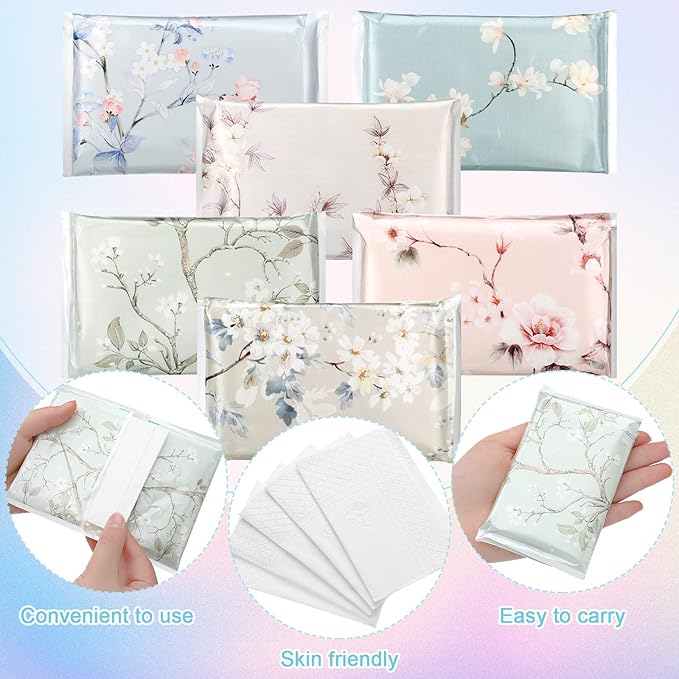 24 Packs Travel Size Tissue Pocket Slim Pack Facial 3 Ply Wallet Size Pocket Tissues for Travel Wedding Party Favors, 6 Styles(Colored Flowers)