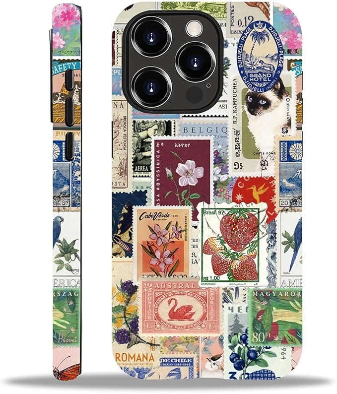 Case for iPhone 12/12 Pro,Vintage Stamp Collage for Woman Men Full Body Protective Cover Shockproof 2 in 1 Silicone + Hard PC Case for iPhone 12/12 Pro