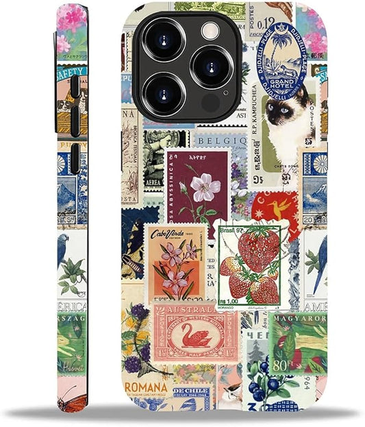 Case for iPhone 12/12 Pro,Vintage Stamp Collage for Woman Men Full Body Protective Cover Shockproof 2 in 1 Silicone + Hard PC Case for iPhone 12/12 Pro