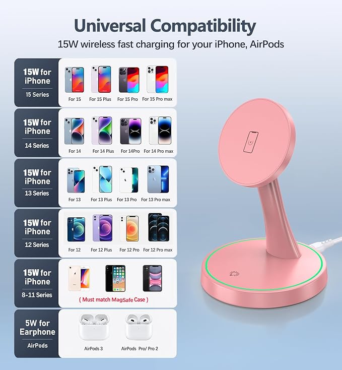 Magnetic Wireless Charger Stand 15W Fast Mag-Safe Charger for iPhone 17/17 pro/ 17 Air/ 17 pro max 16/15/14/13/12 Series Magnet Wireless Charging Station/Pad with Sleep-Friendly Light for AirPods