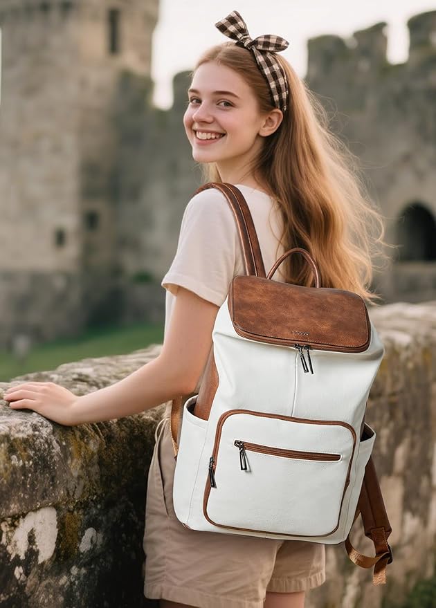 Leather Laptop Backpack for Women, 15.6 Inch Travel Backpack with Laptop Compartment, Casual Daypack Fashion Travel Backpack Purse for Travel College Work, Beige Brown