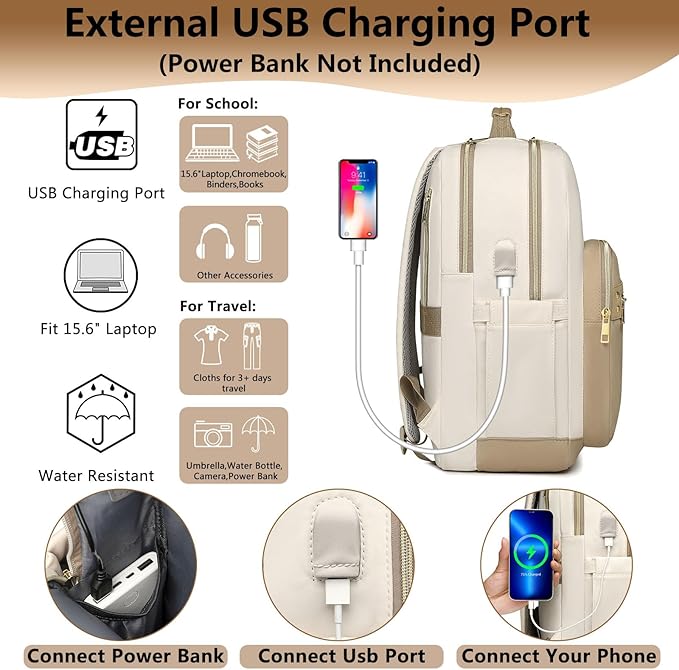 Laptop Backpack for Women Girls Bookbag - 17.3 Inch School Backpacks with USB Charging Port for Teen Students College Nurse Book Bag Work Teacher Back Pack Waterproof Casual Travel Daypack Khaki Beige