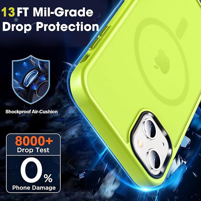 MOCCA Strong Magnetic for iPhone 13 Case, [Compatible with Magsafe][Screen Protector+Camera Lens Protector] Translucent Matte Back Slim Shockproof Case for iPhone 13 Phone Case 6.1", Fluorescent Green