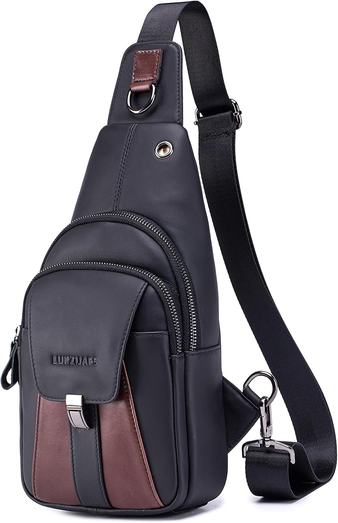 LUKZIJAES Genuine Leather Sling Bag for Men Vintage Crossbody Bag Men Chest Pack Mens Cross Shoulder Bags Hiking Daypacks Travel Backpack (#2-Black)