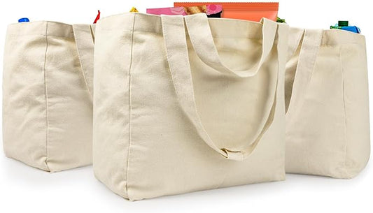 VitaSerena Heavy Duty Reusable Grocery Bags 3pcs XL Set, Washable Canvas Grocery Bags with Dual Handles, Inner Pockets, Shrink Resistant, Foldable