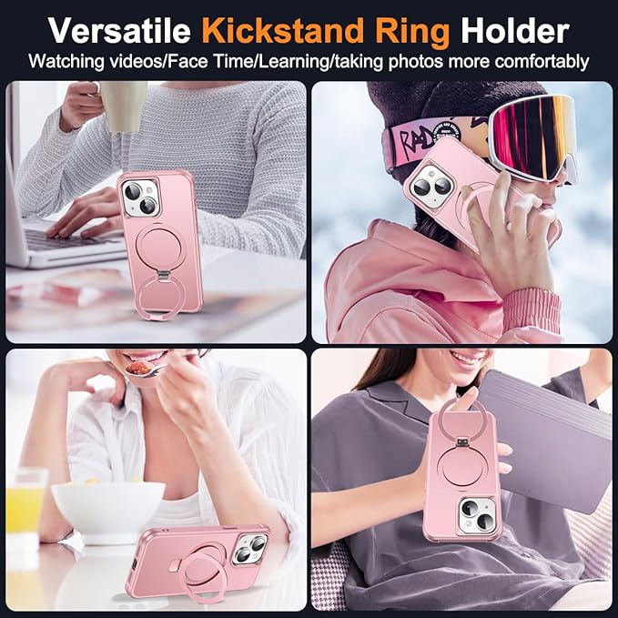 Compatible with iPhone 15 Plus Case with Invisible Magnetic O-Ring Stand Military-Grade Case for iPhone 15 Plus 6.7" [Compatible with Mag-Safe][Great Grip Feeling], Rose Gold
