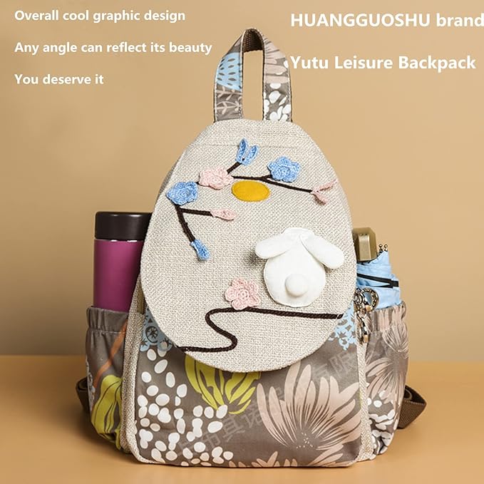 HUANGGUOSHU Women Cotton Woven Bohemian Hemp Boho Canvas Embroidery Multi Pocket Retro Cute Backpack Wallet Backpack White rabbit