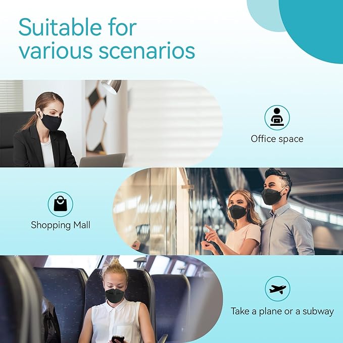 60pcs KF94 mask,Disposable Black Masks,4 layers Protection Filter Efficiency>95%,Double line nasal frame,Highly elastic ear straps,Breathable comfort,Suitable men women daily use