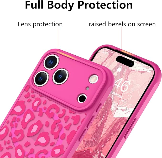 KANGHAR Case Compatible with iPhone 17 Pro Max Hot Pink Leopard Printed Pattern [Compatible with Magsafe] Cute Cheetah Protective Magnetic Case for Girls Women 6.9"