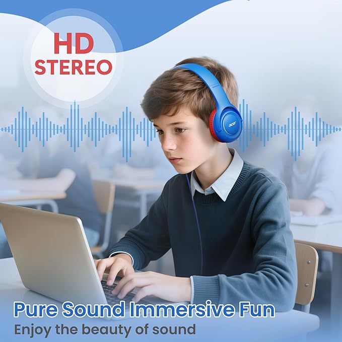 acer Kids Headphones Wired for School - Over-Ear 85/94dB Volume Limiter, 3.5mm Jack Foldable Stereo Sound Headset for Toddlers Girls Boys Travel Learning Entertainment Tablet Kindle iPad PC,Blue Red