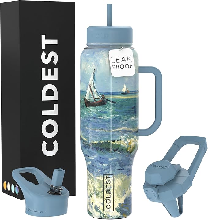 Coldest Tumbler with Handle and Straw - 100% Leak Proof Insulated Tumbler with Lid and Straw (3 Lids) - Stainless Steel Tumblers for Women & Men - Cup Holder Friendly Base, 46 oz (Seascape)