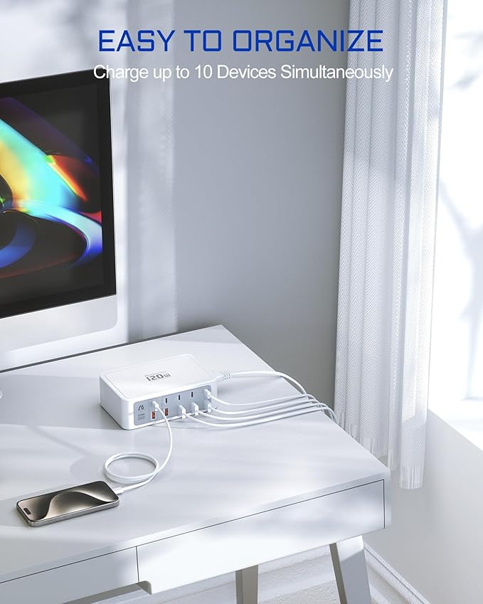 10-Ports USB and USB C Charging Station, 120W USB C Power Strip with PD3.0 and QC3.0 Fast Charging, Multiport Charging Hub for iPhone 15/14/13/12, iPad Air/Pro, Galaxy -White