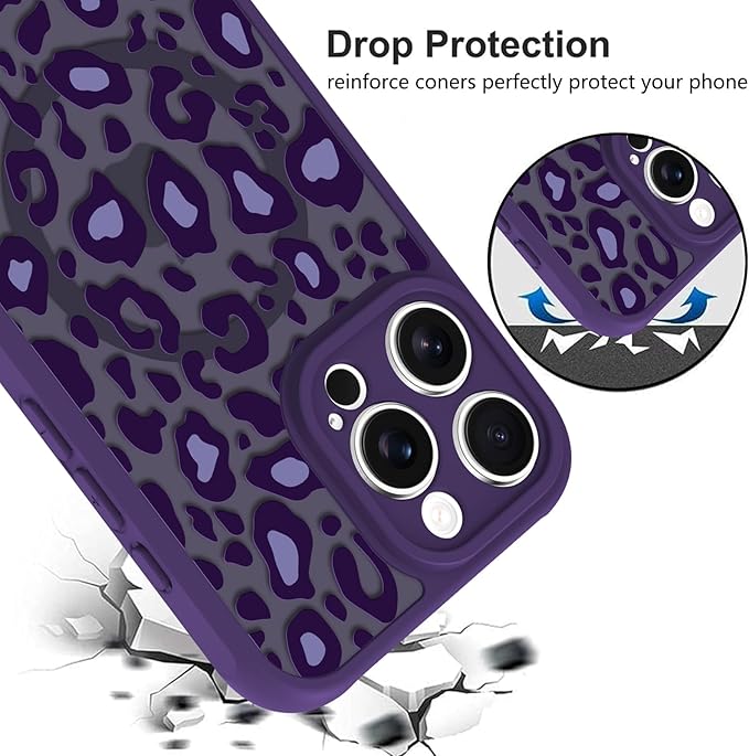 KANGHAR Case for iPhone 16 Pro Purple Leopard Printed Pattern Cute Cheetah [Compatible with Magsafe] Protective Magnetic Case for Girls Women 6.3"