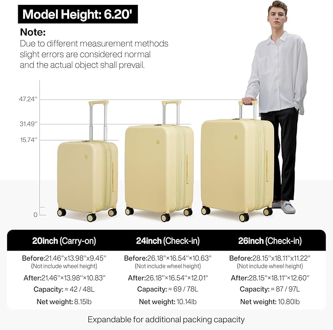 mixi 20 Inch Large Expandable Carry on Luggage Suitcase with Spinner Wheels, Hardside Rolling Travel Suitcase PC with TSA Lock, Lark Yellow