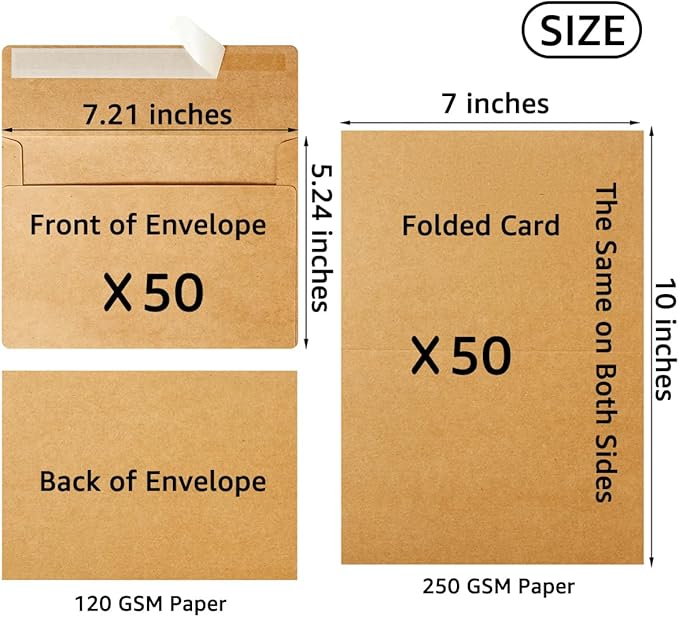 Wishop 50 Pack Self-Adhesive Envelopes with Fold Cards for Wedding Invitations, Greeting Cards, Baby Shower, Letter Mailing (Brown, 5x7)
