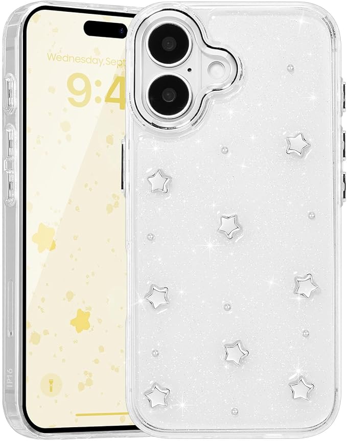 EYZUTAK Case for iPhone 16, Bling Glitter 3D Stars Phone Case Cute Sparkly Crystal Clear Star Aesthetic Design Case Slim Soft Durable TPU Transparent Protective Cover for Women Girls - Star