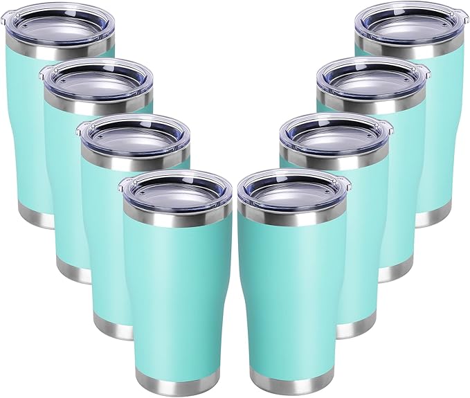 DOMICARE 20oz Tumbler with Lid Stainless Steel Tumblers Bulk, Double Wall Vacuum Insulated Coffee Travel Mug Powder Coated Tumbler, 8 Pack Light Blue
