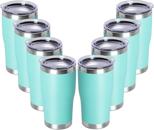 DOMICARE 20oz Tumbler with Lid Stainless Steel Tumblers Bulk, Double Wall Vacuum Insulated Coffee Travel Mug Powder Coated Tumbler, 8 Pack Light Blue