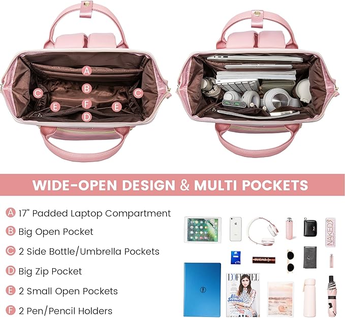 LOVEVOOK Leather Backpack for Women,17 inch Leather Laptop Backpack Women,Professional Work Backpack Nurse College Teacher Bag,Womens Laptop Tote Bag Computer Travel Backpack Purse,Beige White-Pink