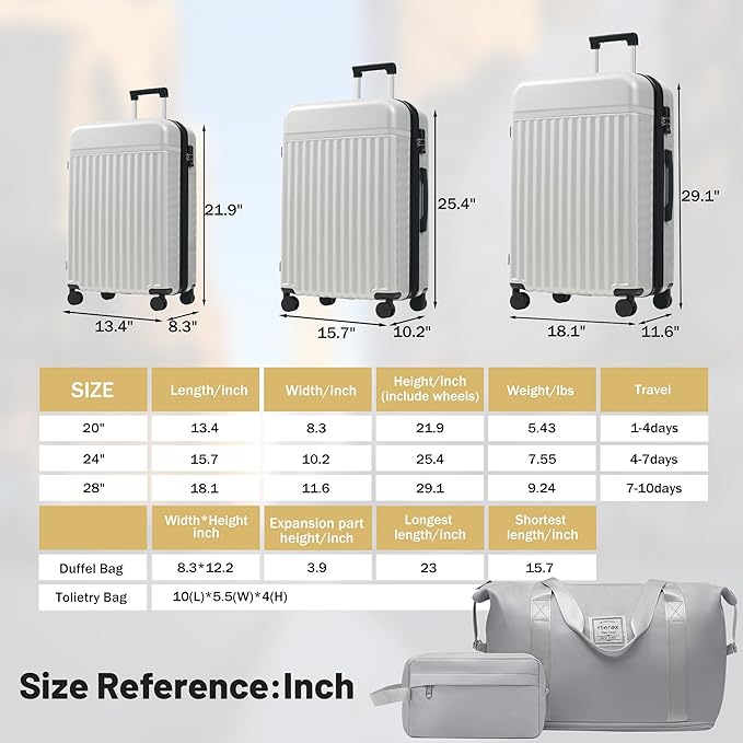 Merax Luggage Sets 3 Piece, Durable Hardshell Suitcase with Double Spinner Wheels and Handle Bags,Lightweight Carry on Luggage with TSA Lock,20+24+28,White Grey