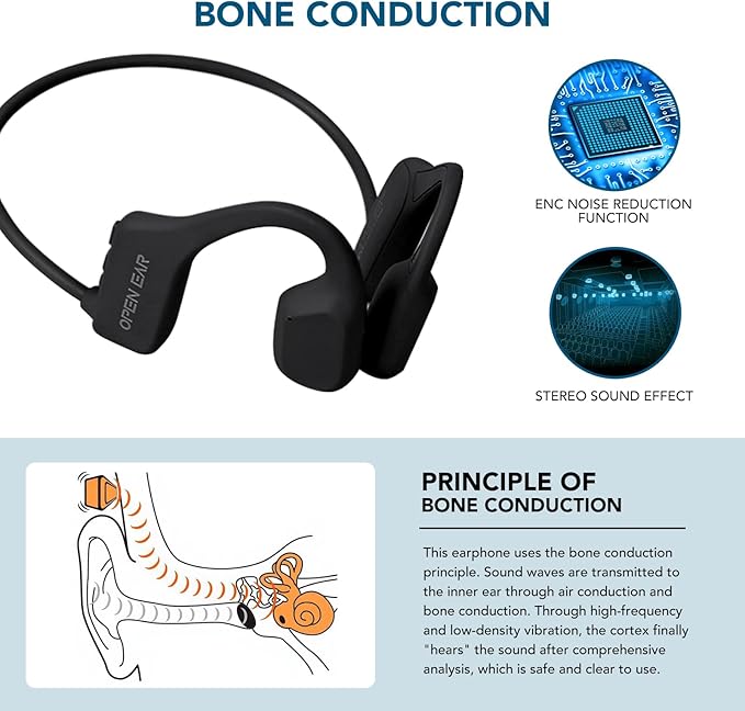 The new second-generation bone conduction headphones waterproof, ENC noise concelling and Ear friendly,painless headset,lightweight,safety and portable earphone. (black)